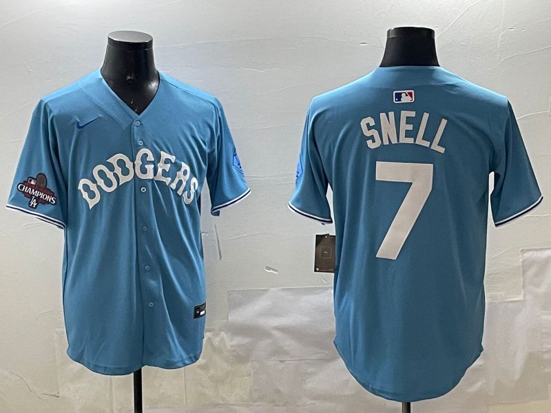 Men Los Angeles Dodgers 7 Snell Light Blue Joint Name 2025 Nike MLB Jersey style 2